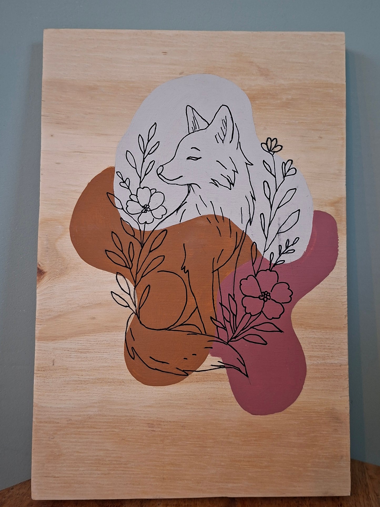 Handgemaakt houten kunstwerk – vosje | lijntekening | rusty brown, sand & terra roze
