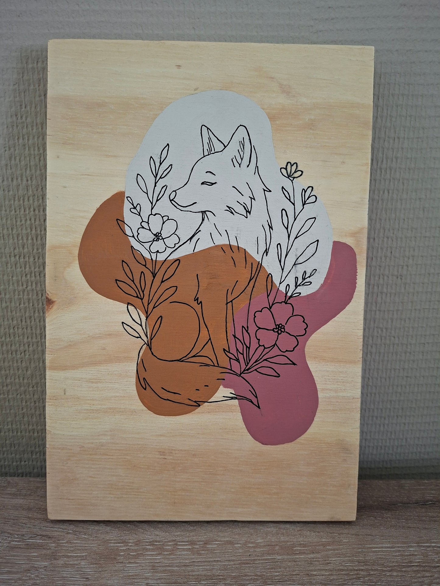 Handgemaakt Houten Kunstwerk – Lijntekening Vos | Minimalistisch Design | 30 x 20 cm