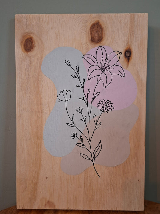 Handgemaakt houten kunstwerk – lelie bloem | lijntekening | blossom, minty groen &amp; sand