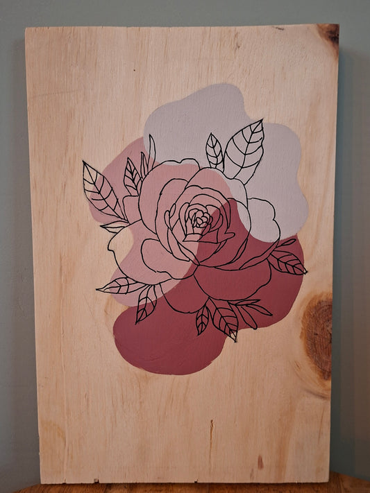 Handgemaakt houten kunstwerk – roos | lijntekening | terra roze, vintage pink &amp; sand