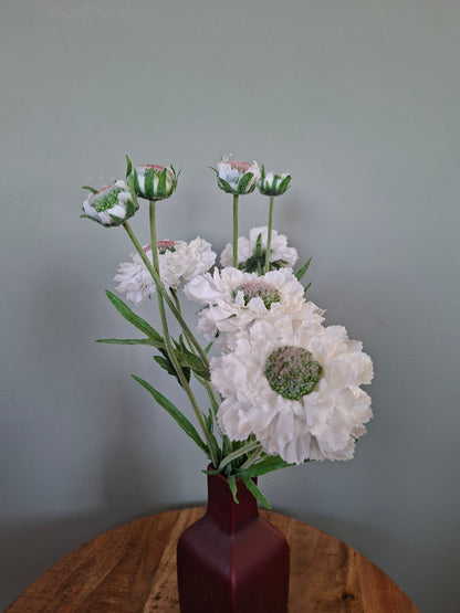 Donkerrode keramieken vaas met witte bloemen – elegant en sfeervol woonaccent