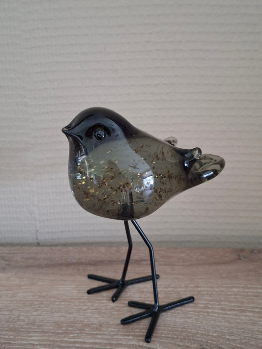 Sculptuur vogel Finch – helder/donker zwart glas, L11 x B8 x H14 cm