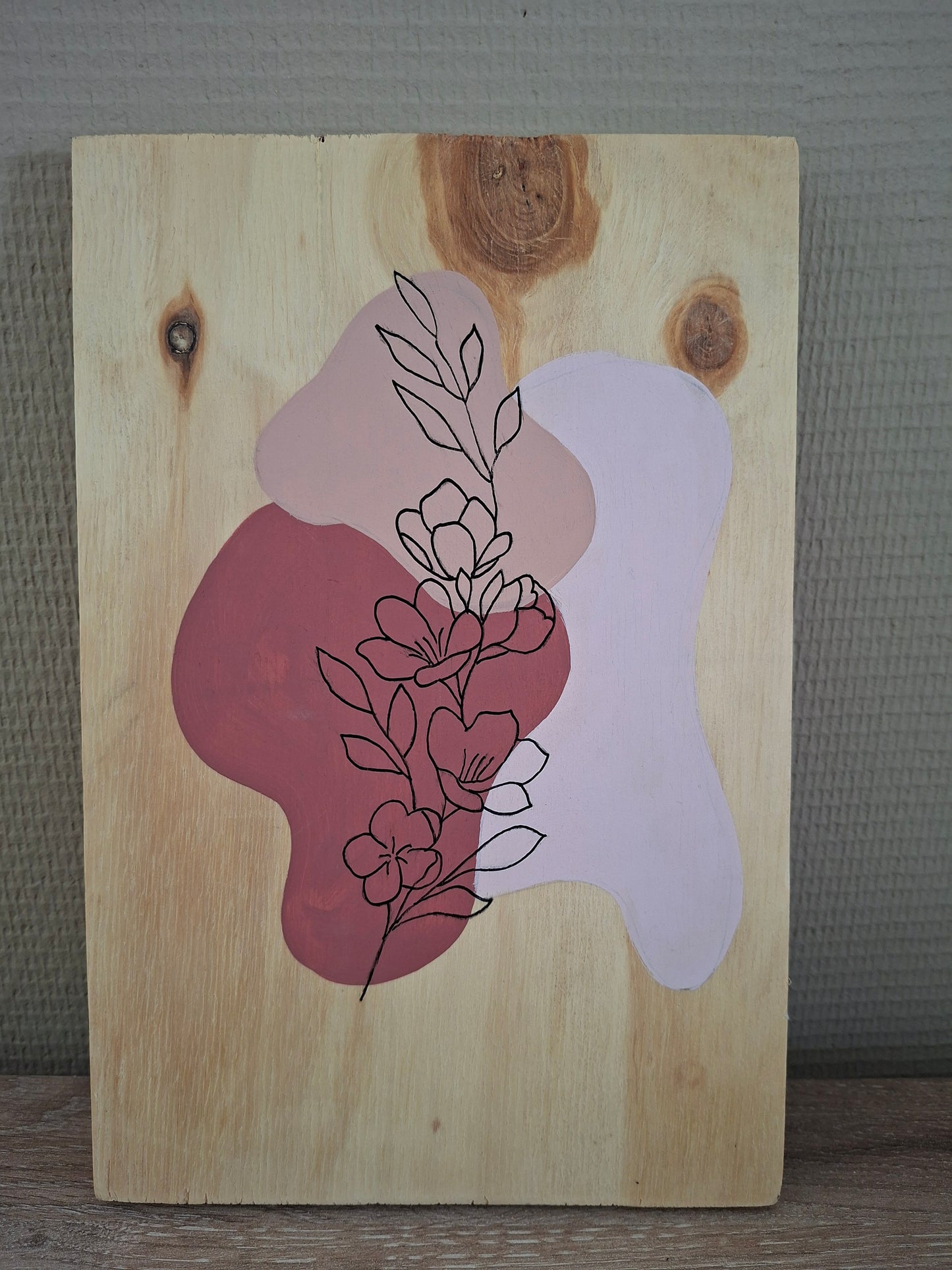 Handgemaakt Houten Kunstwerk – Lijntekening Anemoon | Minimalistisch Design | 30 x 20 cm