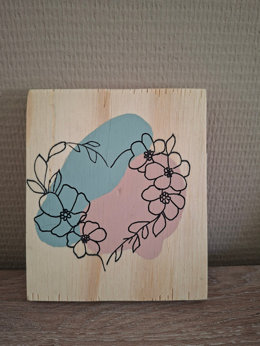 Handgemaakt Houten Kunstwerk – Hart van Bloemen | Lijntekening