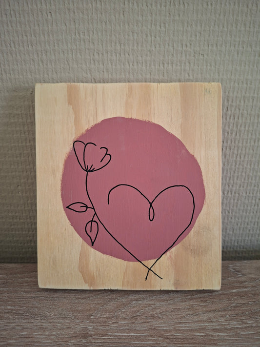 Handgemaakt Houten Kunstwerk – Hartje met Bloem | Lijntekening | Terra Roze