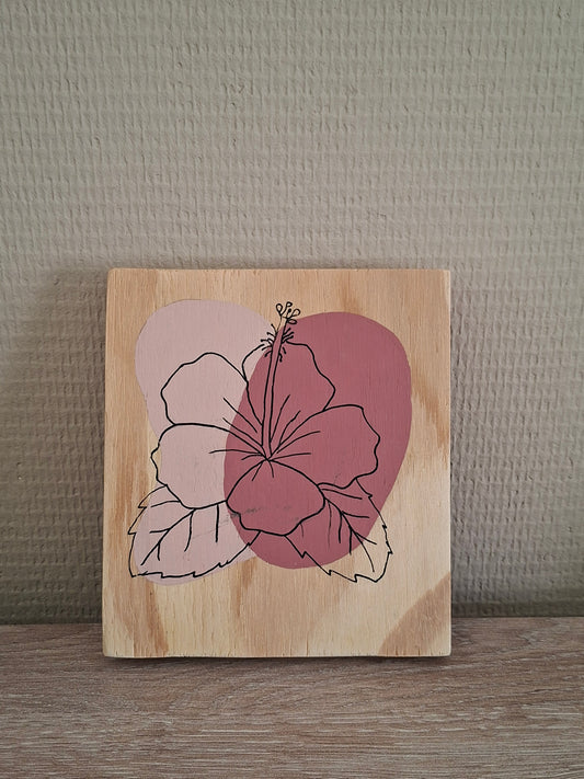 Handgemaakt Houten Kunstwerk – Hibiscus | Lijntekening | Terra Roze & Vintage Pink