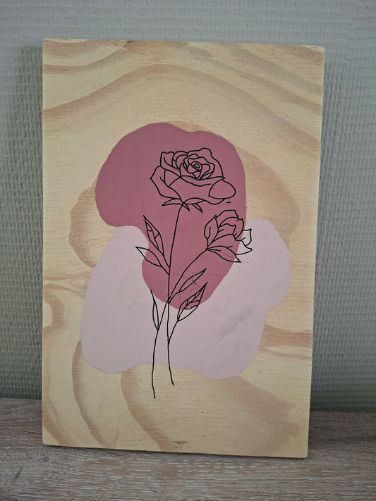 Handgemaakt Houten Kunstwerk – Lijntekening Rozen | Minimalistisch Design | 30 x 20 cm