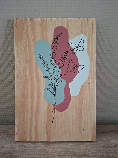 Handgemaakt Houten Kunstwerk – Lavendel met Vlinder | Lijntekening | 30 x 20 cm