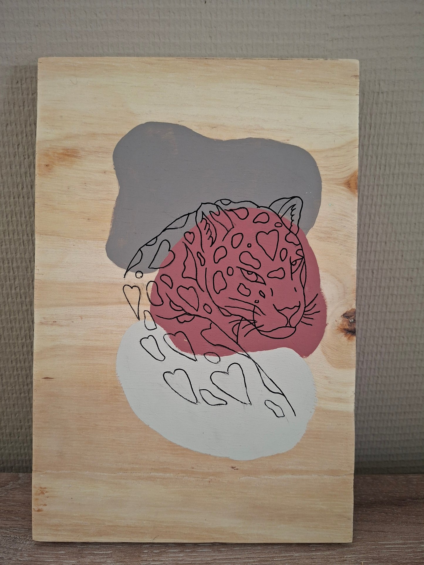 Handgemaakt Houten Kunstwerk – Lijntekening Luipaard | Minimalistisch Design | 30 x 20 cm