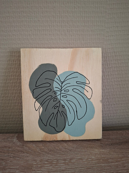 Handgemaakt Houten Kunstwerk – Monstera Blad | Lijntekening | Vintage Green & Olive