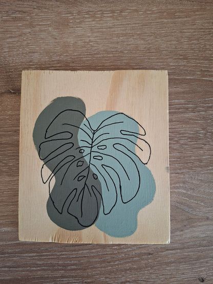 Handgemaakt Houten Kunstwerk – Monstera Blad | Lijntekening | Vintage Green & Olive