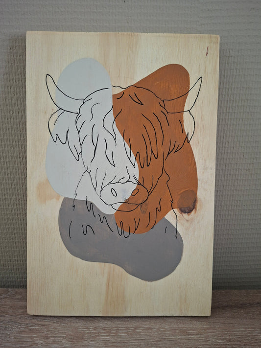 Handgemaakt Houten Kunstwerk – Lijntekening Schotse Hooglander | Minimalistisch Design | 30 x 20 cm