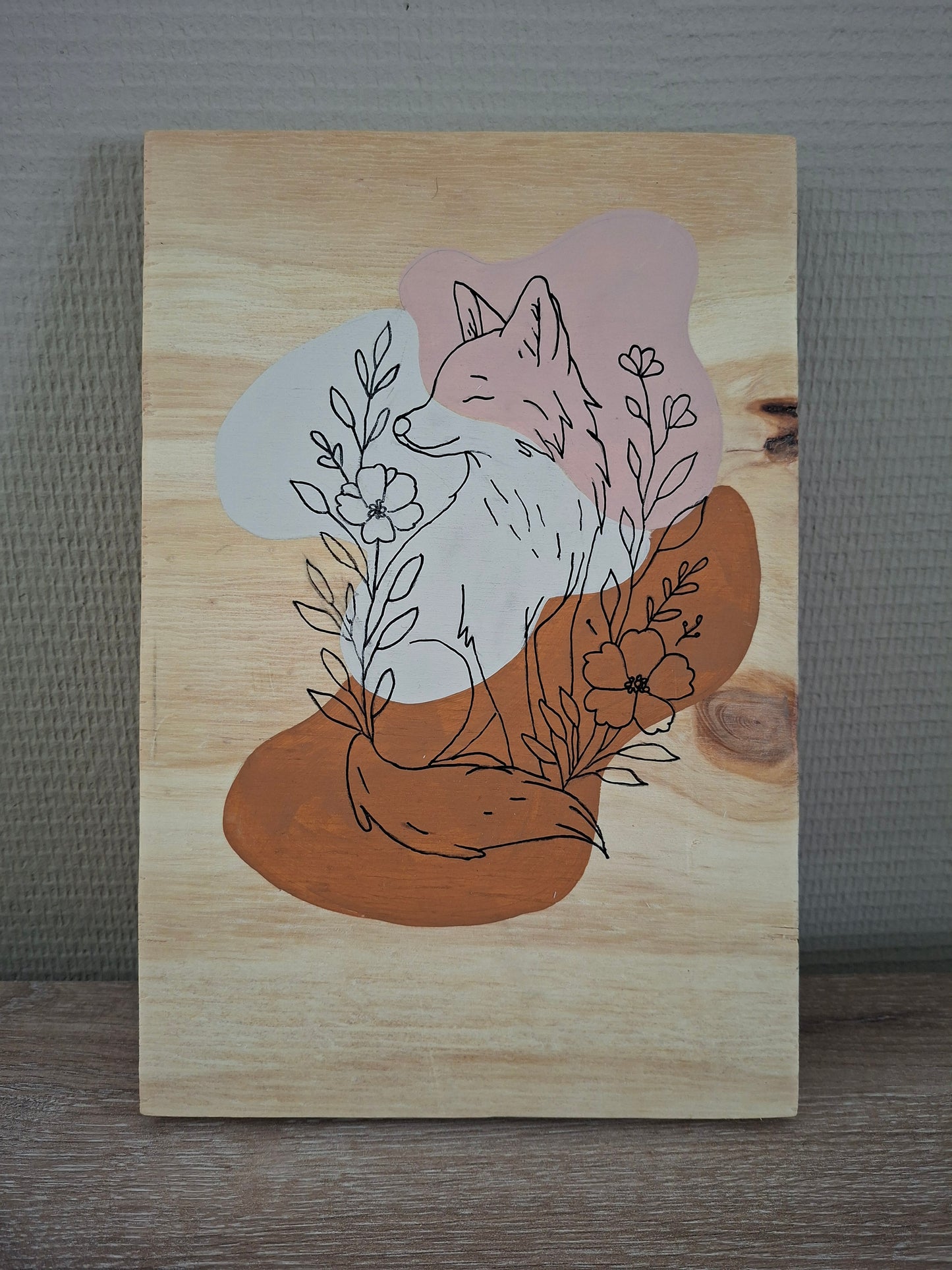 Handgemaakt Houten Kunstwerk – Lijntekening Vos | Minimalistisch Design | 30 x 20 cm